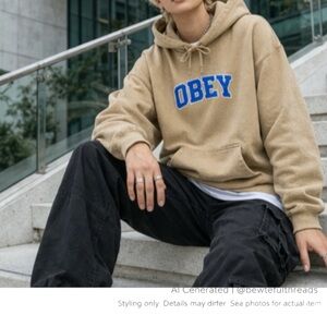 Y2K Skater Streetwear OBEY Logo Hoodie Tan Blue Unisex Pullover